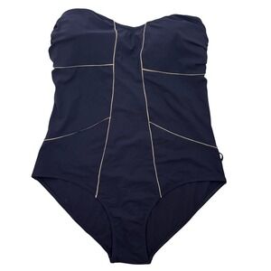 Valimare Strapless One Piece Swimsuit XL Navy Gold Piping‎ Luxury Italian Resort